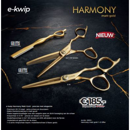 1 + 2 Harmony Matt Gold e-kwip Knipschaar 5.75 + coupeschaar 6.0" en mes